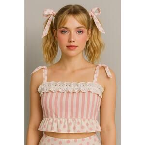 DOLLSKILL Sugar Thrillz Hold Your Applause Ruffled Crop Top Pink Polka Dots Sz S